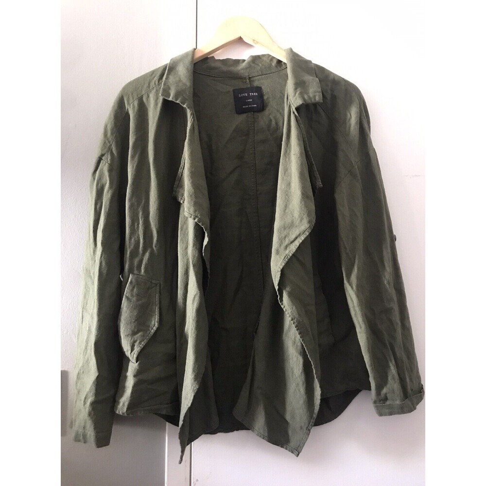 Love Tree Olive Green Linen Blend Open Front Shacket Convertible Sleeves Large